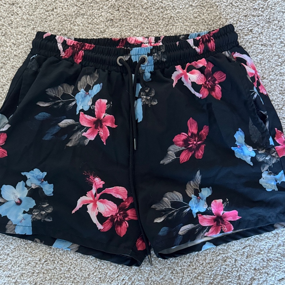 SHEIN Black Swim Trunks with Pink and Blue Floral Design